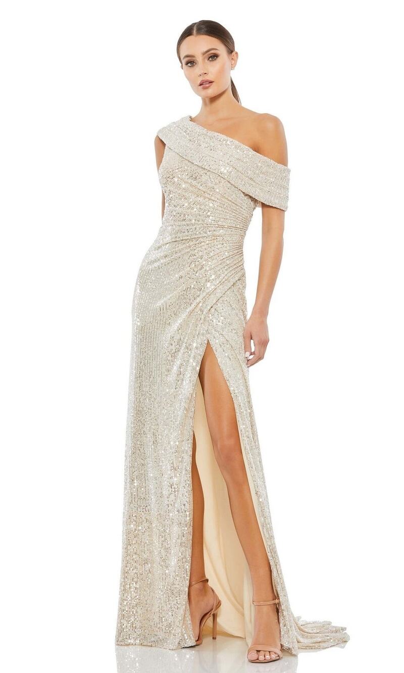 Mac Duggal Champagne Gold Sequin Drop Shoulder Slit Formal Evening Gown Size 6